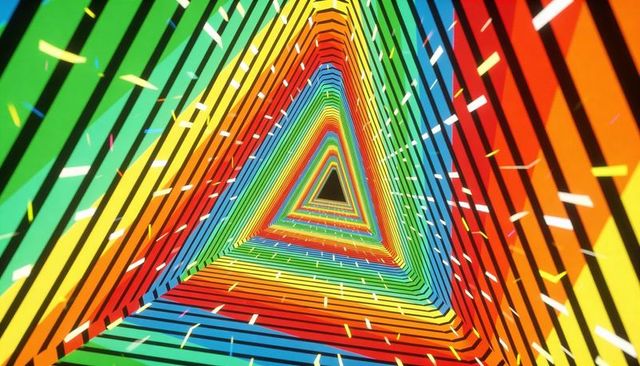 Hypnotic rainbow triangle tunnel: geometric layered spectrum with dynamic confetti sparks