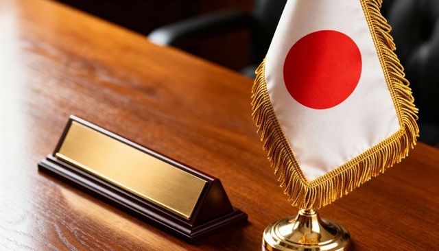Japanese desk flag with gold fringe and blank brass nameplate on polished conference table
