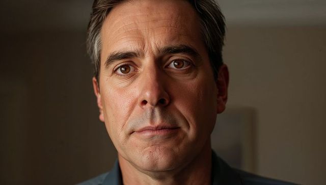 Contemplative middle-aged man holding steady gaze in warm indoor professional portrait