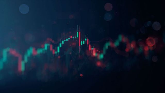 Displaying neon candlestick chart with teal and red bokeh for trading and market analytics