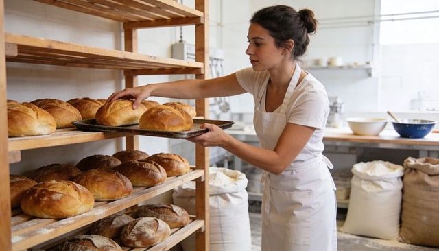 Female Baker Placing Fresh Artisan Loaves on Wooden Racks in Rustic Bakery Kitchen