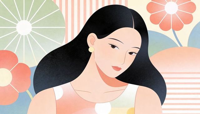 Stylized woman wearing pastel floral dress and gold stud earrings, minimalist portrait