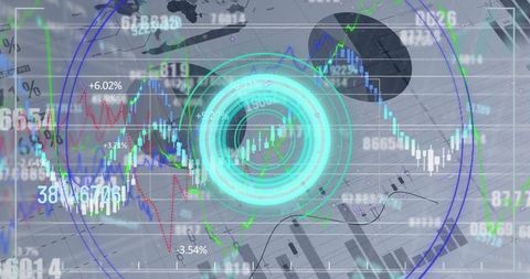 Futuristic digital finance data with blue circular scanner interface