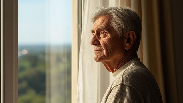 Senior Man Gazing Out Window Contemplatively at Home