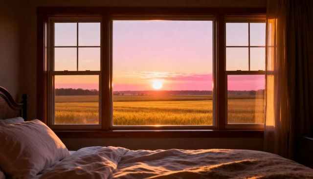 Sunrise bathing rustic bedroom through three-panel window over golden wheat field