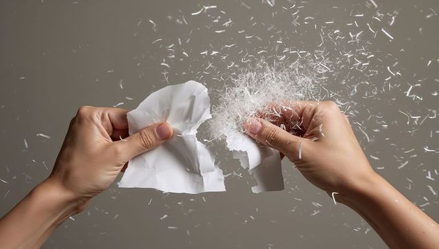 Closeup hands tearing paper with exploding fibers and floating white shreds