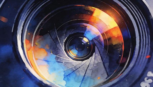 Painterly camera lens close-up with aperture blades, watercolor reflections and light flare