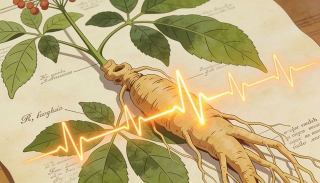 Ginseng root with ecg heartbeat on vintage botanical illustration, medicinal energy concept