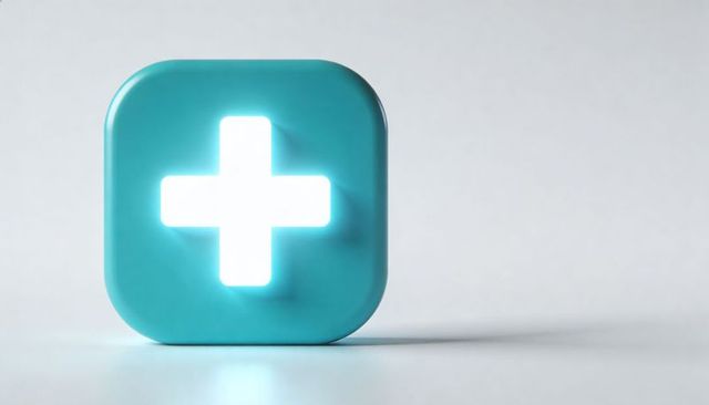 Glowing turquoise medical plus icon on clean white surface 3d rounded square button