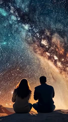 Couple Sitting on Desert Dune Watching Milky Way with Lantern - Vertical Nightscape Video