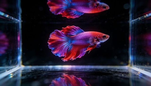 Swimming male betta fish fanning iridescent red and blue fins mirroring on glass tank
