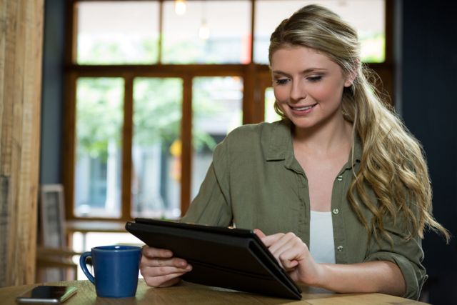 Young woman sitting in a cozy cafe, using a digital tablet and smiling. Ideal for illustrating modern lifestyle, technology use, remote work, and casual coffee shop settings. Perfect for blogs, advertisements, and articles about digital connectivity, leisure activities, and contemporary work environments.