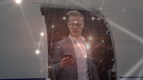 Businessman with Smartphone Amid Digital Data Network Effects