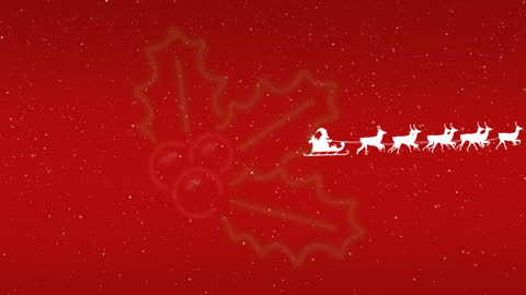 Santa's Sleigh and Reindeer Over Festive Red with Holly