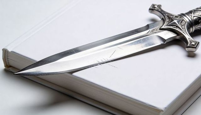 Decorative dagger resting on blank book with scratched blade and ornate hilt