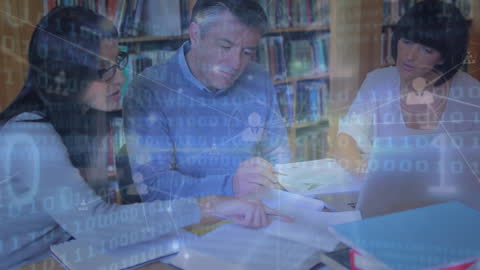 Diverse Team Collaborating with Digital Data Overlay in Library