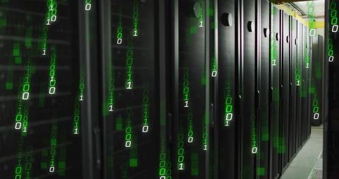 Green Binary Code Overlay on Server Racks in High-Tech Data Center Aisle for Cybersecurity Concept