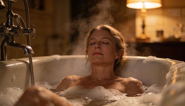 Relaxing middle-aged woman soaking in freestanding bathtub with warm amber lighting