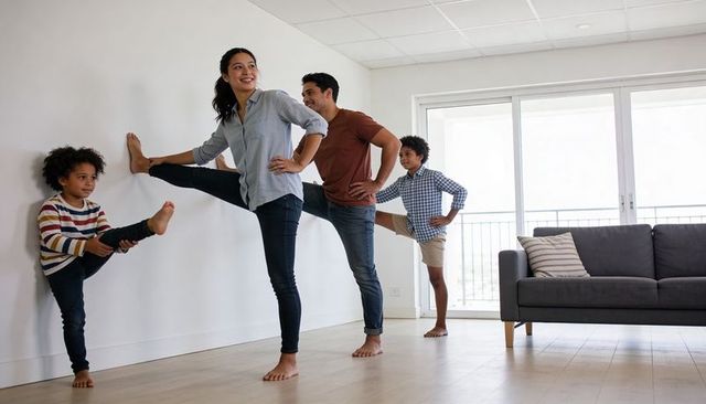 Family stretching together practicing balance and flexibility in sunlit modern living room