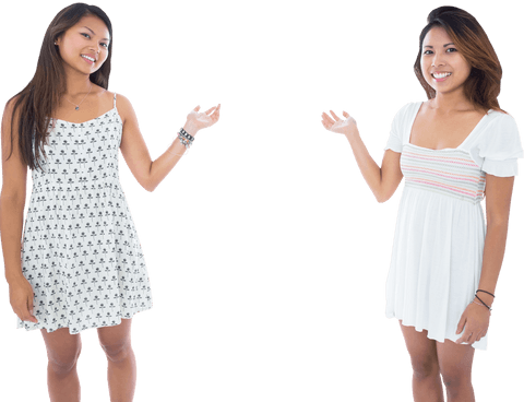 Two Smiling Asian Women Presenting on Transparent Video Overlay