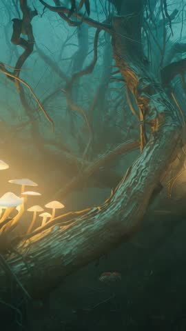 Panning through misty forest revealing glowing mushrooms on fallen branch | Vertical loop