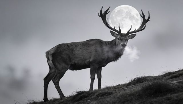 Moonlit stag exhaling on misty hillside, antlers silhouetting full moon