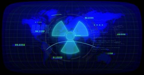 Futuristic digital interface with radiation hazard symbol