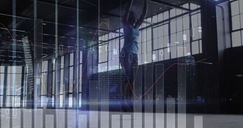 Athletic woman jump rope exercise with data technology overlay