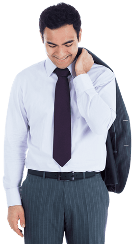 Smiling Asian Businessman Holding Jacket, Transparent Background