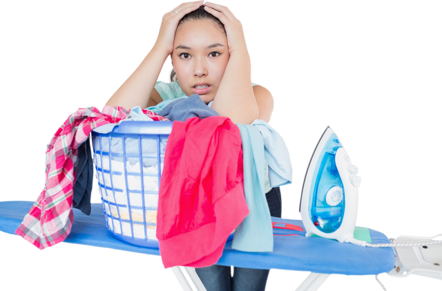 Young Woman Feeling Overwhelmed with Ironing and Laundry on Transparent Background - Download Free Stock Videos Pikwizard.com