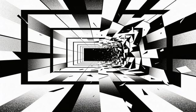 Receding Rectangular Tunnel Fragmenting into Angular Shards, High-Contrast Monochrome
