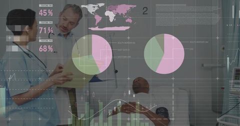 Medical Team Reviewing Patient Data Dashboard at Bedside Displaying Health Analytics