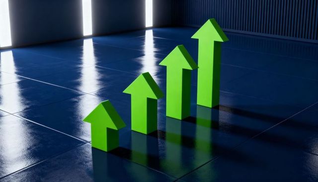 Green upward growth arrows rising on glossy blue tiles with reflections and minimalist lighting