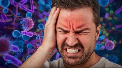 Man Reacting to Digital Virus Animation Painfully Clutches Head