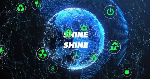 Rotating Blue Globe with Neon Green Energy Icons on Digital Network