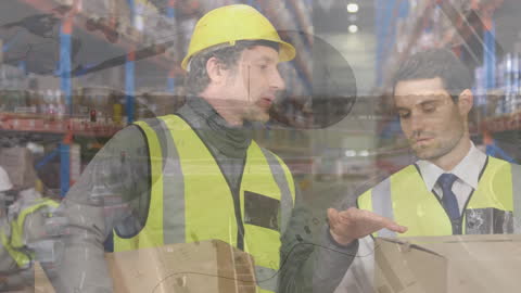Warehouse Workers Analyzing Global Data Visualization
