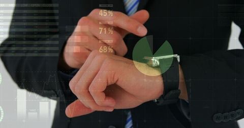 Executive checking wristwatch launching green pie chart with financial analytics overlays