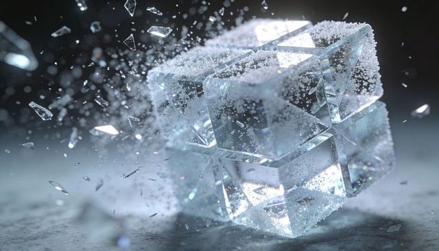 Frosted glass cube shattering into sparkling shards with icy refractions and puddle