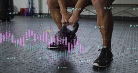 Athlete gripping kettlebell lifting strength training with wearable data overlay