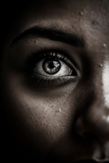 A close-up view highlighting the intense expression in an eye, paired with mood lighting and shadows that create a dramatic effect. Suitable for use in psychological themes, artistic projects, or promotional materials emphasizing detail and emotion.