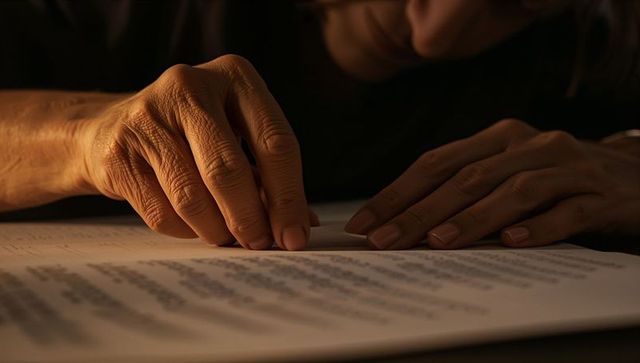 Senior hands turning printed page under warm lamp glow, close-up aged skin detail