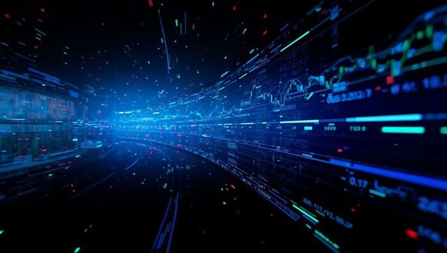 Glowing Data Streams Curve Through Futuristic Network Tunnel