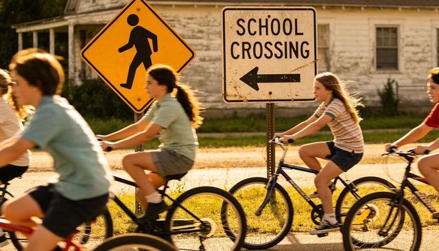 Kids pedaling bikes past school crossing sign during golden hour neighborhood ride