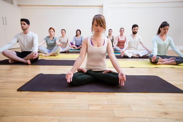 Group of people practicing yoga in lotus position in a spacious indoor studio. Ideal for promoting yoga classes, wellness retreats, mindfulness workshops, and fitness programs. Highlights the importance of group exercise, relaxation, and mental well-being.