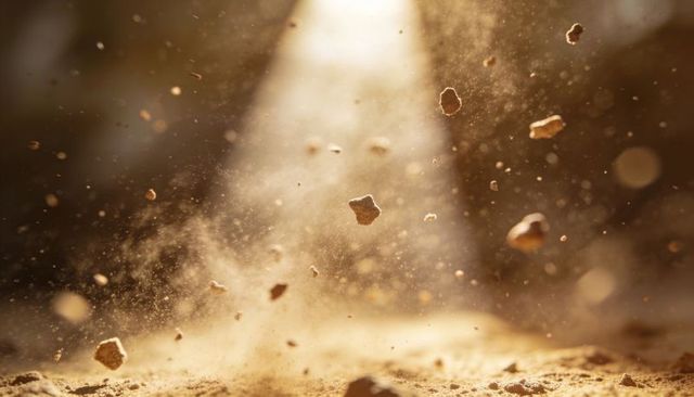 Sunlit dust and pebbles floating over sandy ground with golden backlight and motion blur