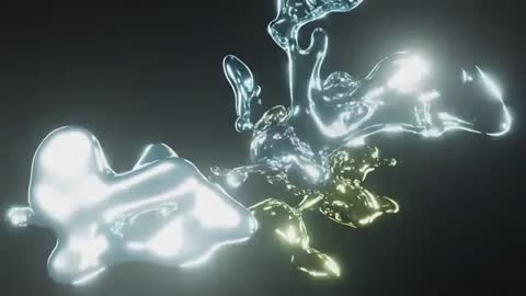 Panning over silver gold copper liquid metal blobs merging and spraying in reflective CGI