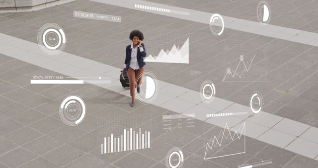 Businesswoman Walking with Virtual Data Graphical Elements Overlay - Download Free Stock Images Pikwizard.com