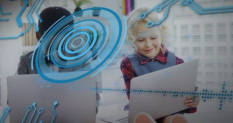 Children using laptop and tablet with futuristic blue hud overlay for stem learning