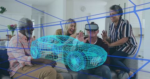 Diverse Seniors Experiencing Virtual Reality with Futuristic Car Model