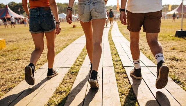 Friends walking wooden walkway summer music festival wearing denim shorts and sneakers